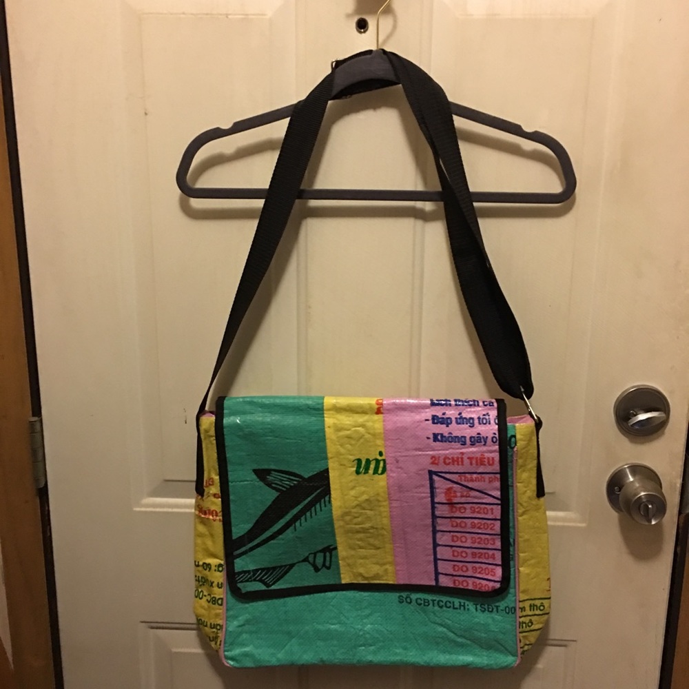 Village works recycled materials crossbody bag